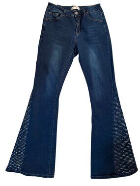 Bamboo Flare Jeans Size 6 Small Studded Rhinestone Bell Bottom Dark Wash